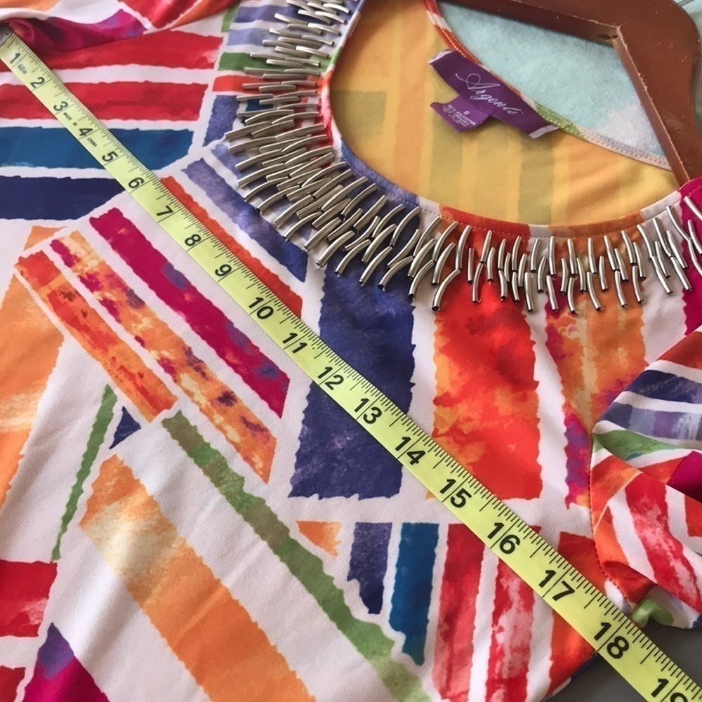 Vintage Argenti Colorful Retro Print Dress Silver Bar Neckline - Picture 7 of 8